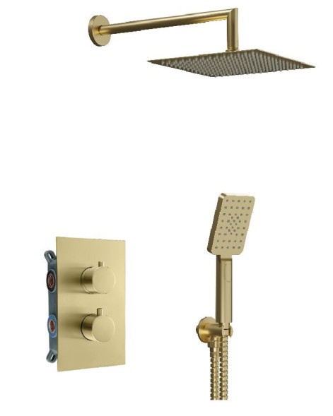 AQG Alpha, душевой комплект на 2 потребителя с квадратным верхним душем 25х25 см и кронштейном, цвет никель сатин (PVD)