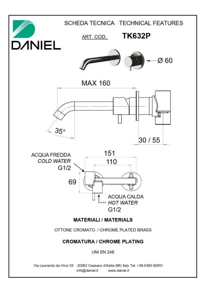 Daniel Tokyo, встраиваемый в стену однорычажный смеситель для раковины (излив 17 см), цвет черный матовый