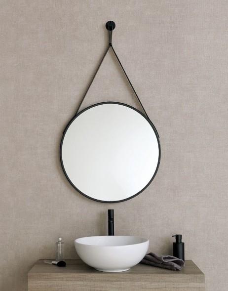Stil Haus, круглое зеркало 60 см на кожаном ремне с крючком для подвеса, цвет черный матовый