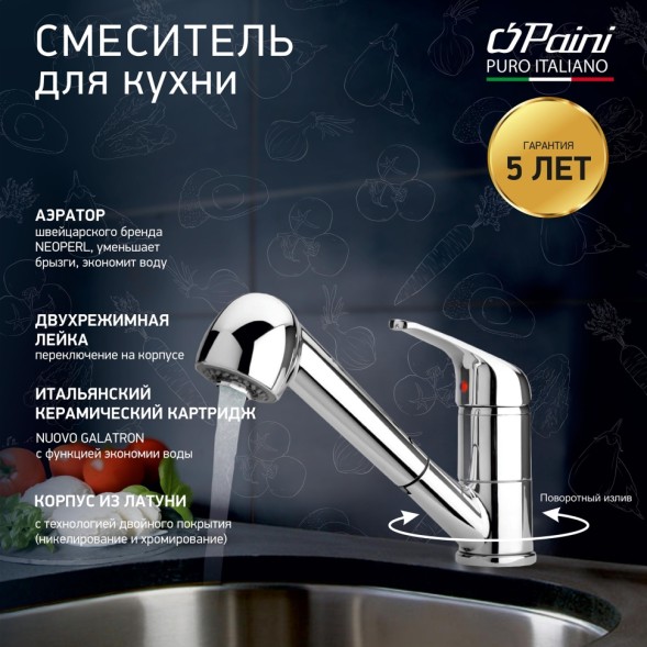 Paini Смеситель для кухни Creta выдвижной излив, хром (CR)