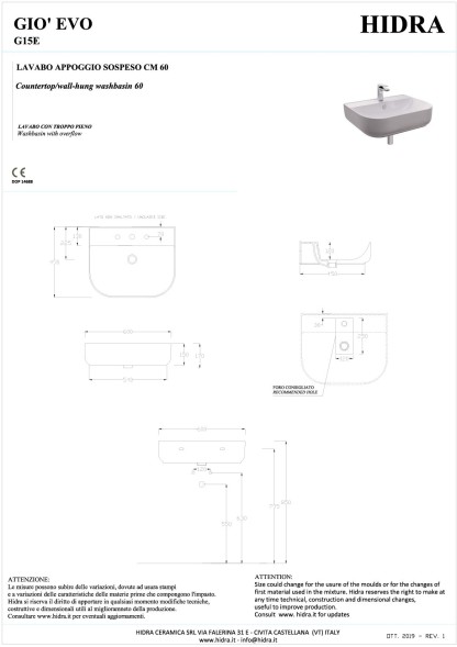 Hidra Gio, накладная/подвесная раковина 60x49x15h см, цвет белый глянцевый