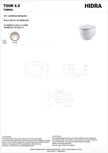 Hidra Tour 4.0, подвесной безободковый унитаз c крепежом, 52,5x36,5 см, антибактериальное покрытие, цвет белый глянцевый