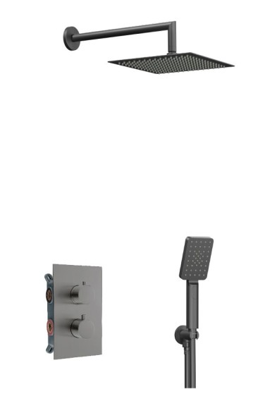 AQG Alpha, душевой комплект на 2 потребителя с термостатом, с квадратным верхним душем 25х25 см и кронштейном, цвет никель сатин (PVD)
