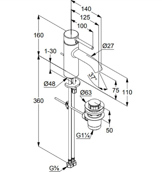 Смеситель KLUDI BOZZ 382630576 для раковины на одно отверстие однорычажный с донным клапаном