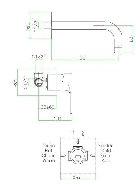 Fiore Kera, встраиваемый в стену однорычажный смеситель для раковины, цвет хром