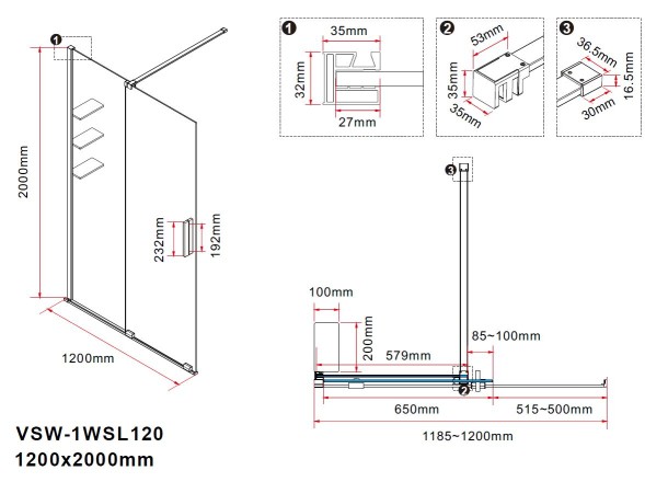 Vincea Душевая перегородка Волк-Ин (Walk-In) VSW-1WSL120CGB, 1200*2000, черный матовый, стекло тонированное