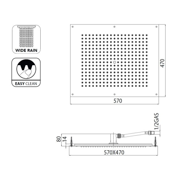 Верхний душ Bossini Dream Flat H38391.073 570x470 мм потолочный Easy Clean цвет черный матовый