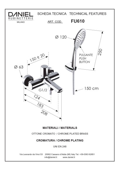 Daniel Fusion, однорычажный смеситель для ванны (излив 18,3 см), c набором для душа, цвет глянцевая медь