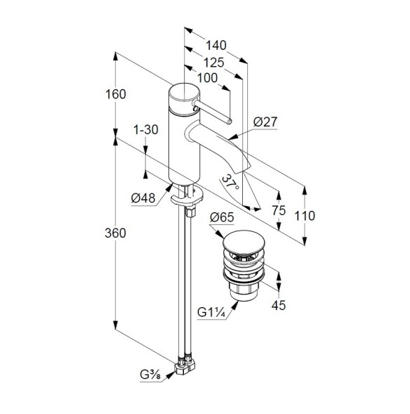 Смеситель KLUDI BOZZ 38266N076 для раковины на одно отверстие однорычажный с донным клапаном