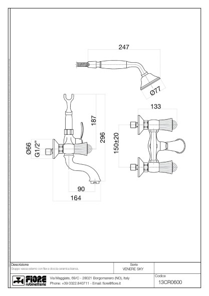 Fiore Venere Sky, двухвентильный смеситель для ванны с набором для душа, цвет хром - Swarovski