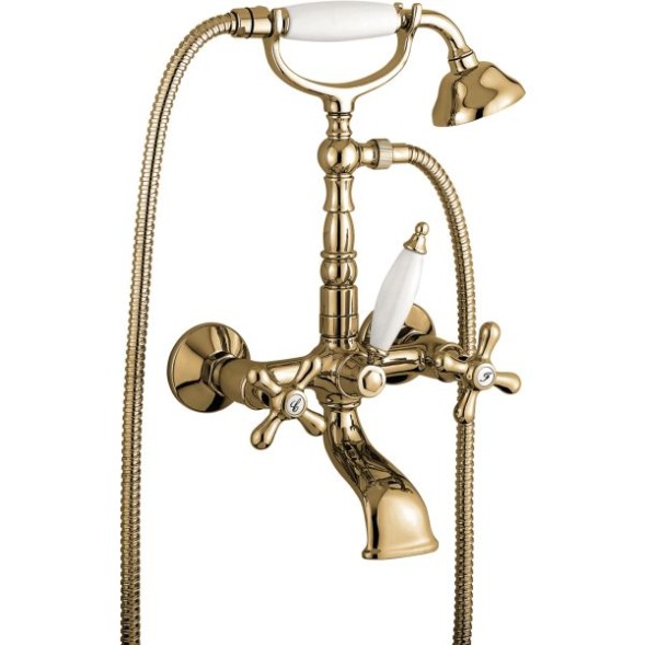 Emmevi Deco Old, двухвентильный смеситель для ванны (излив 14 см), с набором для душа (лейка и дивертер с белой ручкой), цвет бронза 12611/BR
