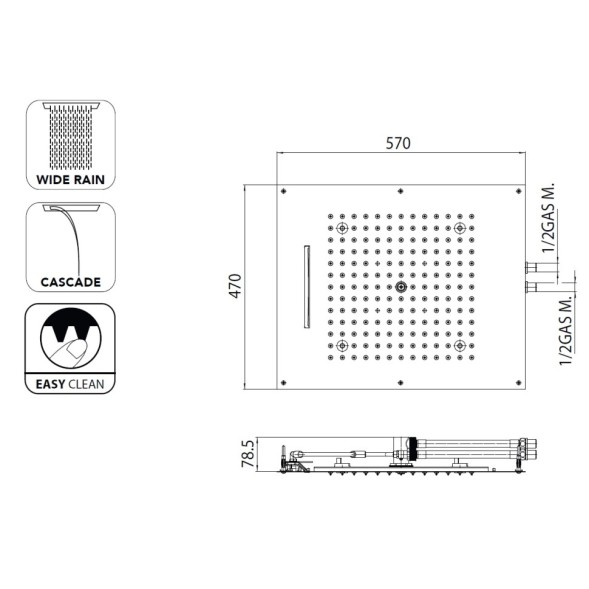 Верхний душ Bossini Dream/2 H38905.030 570х470 мм потолочный Easy Clean 2 режима: дождь, каскад, с хромотерапией цвет хром