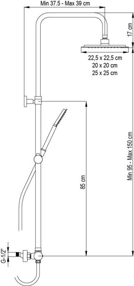 AQG WIND BLU SQ, душевая колонна регул. по высоте 95-150 см: со складным изливом и квадратным верхним душем 25х25 см, цвет хром