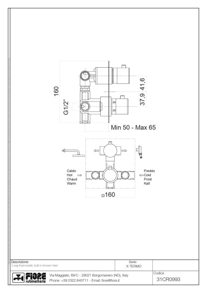 Fiore X-Termo, встраиваемый в стену смеситель для душа на 2 выхода, с термостатом (квадратная панель и круглые ручки), цвет хром
