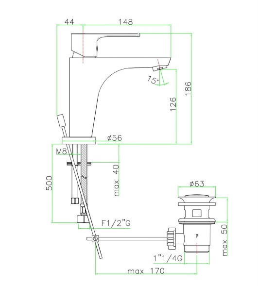 Fiore Kera, однорычажный смеситель для раковины с донным клапаном, цвет хром
