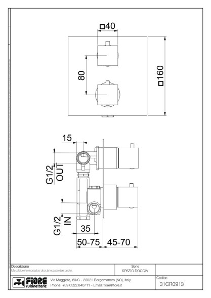Fiore X-Termo, встраиваемый в стену смеситель для душа на 2 выхода, с термостатом (квадратная панель и ручки), цвет хром