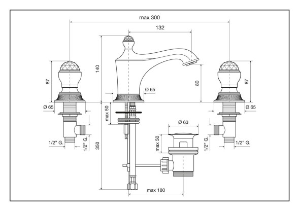 Emmevi The One Leda, смеситель для раковины на 3 отверстия. Металлические ручки + прозрачные кристаллы, цвет хром 98033VSW/CR