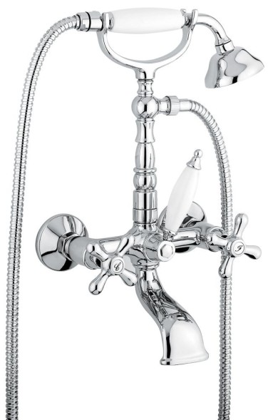 Emmevi Deco Old, двухвентильный смеситель для ванны (излив 14 см), с набором для душа (лейка и дивертер с белой ручкой), цвет хром 12611/CR