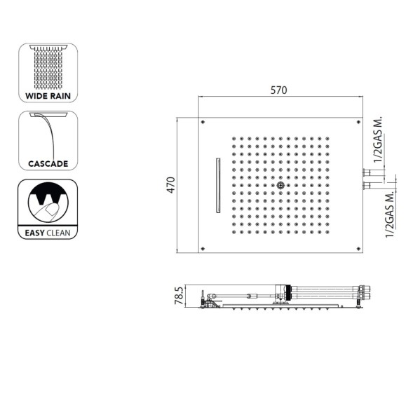Верхний душ Bossini Dream/2 H38925.030 570x470 мм потолочный Easy Clean 2 режима: дождь, каскад, цвет хром