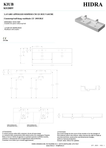 Hidra Kiub, накладная/подвесная прямоугольная двойная раковина 121x46x12h см, цвет белый матовый