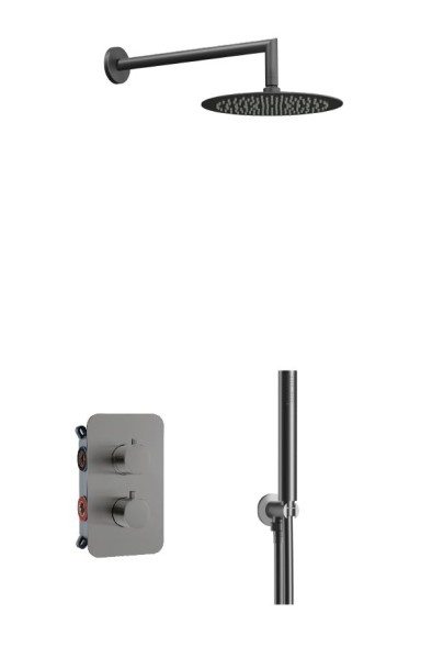 AQG Aqua, душевой комплект на 2 потребителя:c термостатом, с круглым верхним душем 25х25 см и кронштейном, цвет матовое золото (PVD)