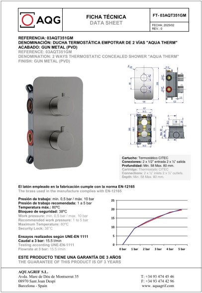 AQG Aqua, душевой комплект на 2 потребителя:c термостатом, с круглым верхним душем 25х25 см и кронштейном, цвет матовое золото (PVD)