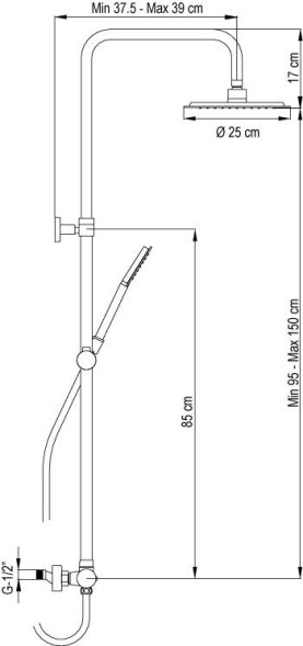AQG Beta, душевая колонна регул. по высоте 95-150 см, cо смесителем и круглым верхним душем 25 см, цвет черный матовый