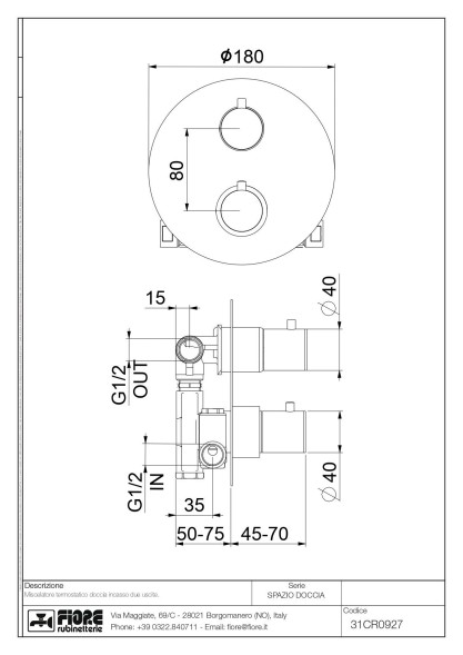Fiore X-Termo, встраиваемый в стену смеситель для душа на 2 выхода, с термостатом (круглая панель и ручки), цвет хром