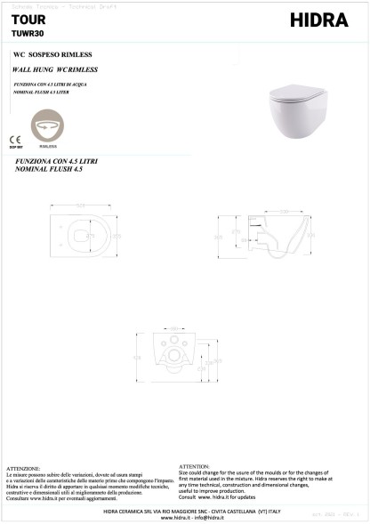 Hidra Tour, подвесной безободковый унитаз c крепежом, 52x35,5 см, антибактериальное покрытие, цвет белый матовый