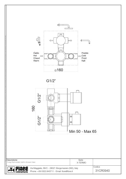Fiore X-Termo, встраиваемый в стену смеситель для душа на 3 выхода, с термостатом (квадратная панель и круглые ручки), цвет хром