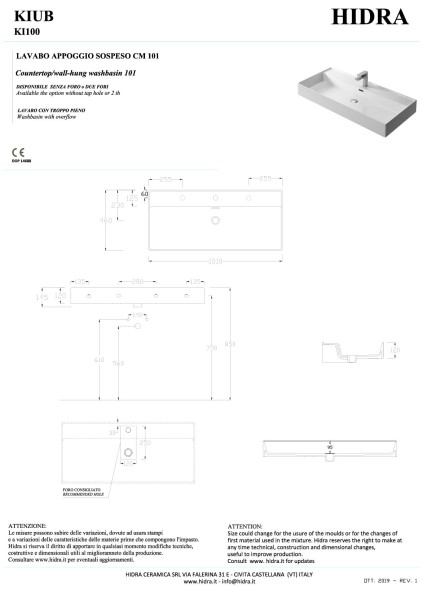 Hidra Kiub, накладная/подвесная прямоугольная раковина 101x46x12h см, цвет белый глянцевый