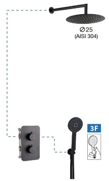 AQG Aqua, душевой комплект на 2 потребителя:c термостатом, с круглым верхним душем 25х25 см и кронштейном, цвет хром