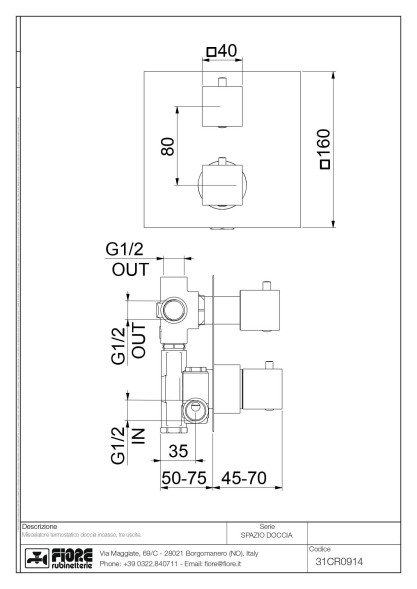 Fiore X-Termo, встраиваемый в стену смеситель для душа на 3 выхода, с термостатом (квадратная панель и ручки), цвет хром