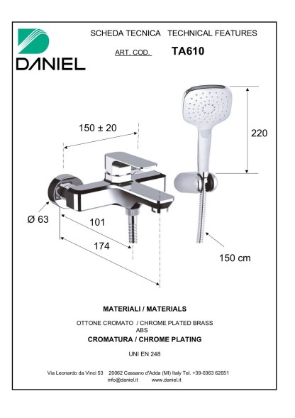 Daniel Tiara, однорычажный смеситель для ванны (излив 17,4 см), c набором для душа, цвет графит