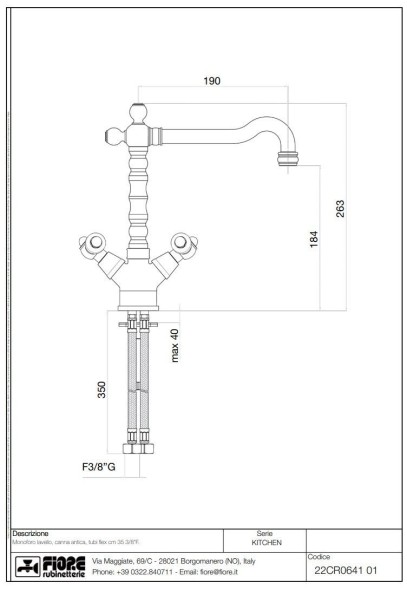 Fiore Coloniale Black, двухрычажный смеситель для кухни (поворотный излив 28 см), без донного клапана, цвет золото