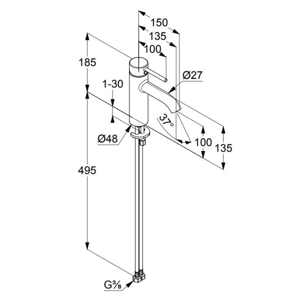 Смеситель KLUDI BOZZ 382820576 для раковины на одно отверстие однорычажный без донного клапана