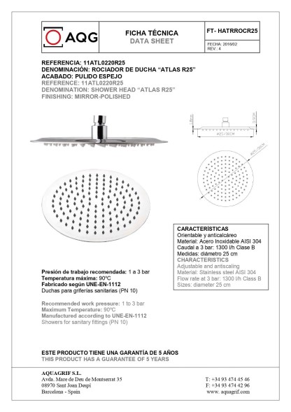 AQG, душевая круглая ультраплоская антикальковая головка ATLACR 25 см, цвет черный матовый