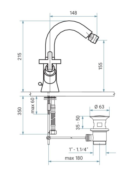 Emmevi Spirit New, двухвентильный смеситель (h21,5 см) для биде с поворотным изливом и донным клапаном, цвет черный матовый 31054/NEO