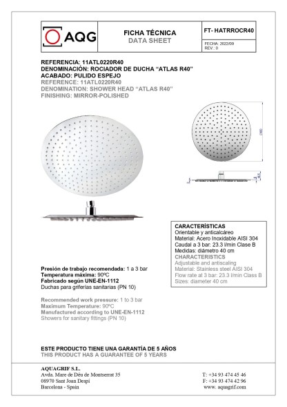 AQG, душевая круглая ультраплоская антикальковая головка ATLAS Ø25 см, цвет хром