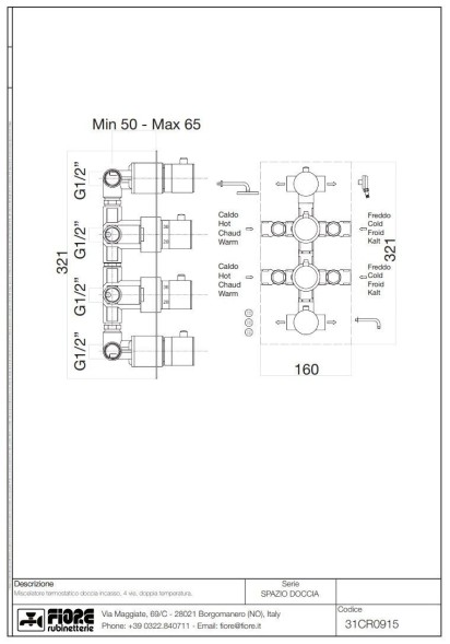 Fiore X-Termo, встраиваемый в стену смеситель для душа на 4 выхода, с термостатом (прямоугольная панель и круглые ручки), цвет золото