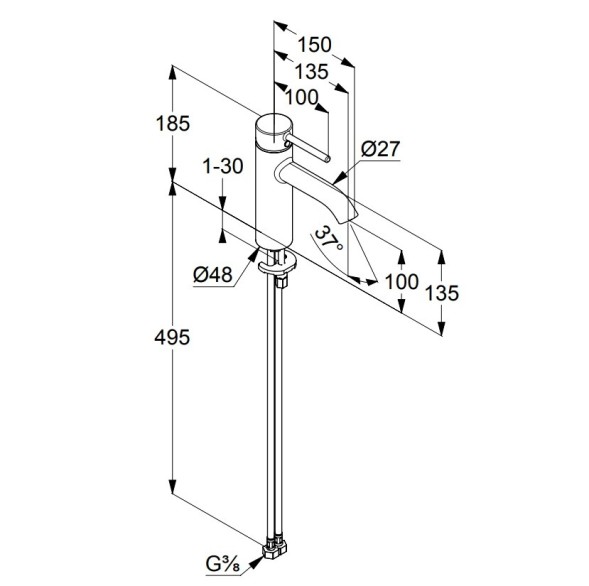 Смеситель KLUDI BOZZ 38282N076 для раковины на одно отверстие однорычажный без донного клапана