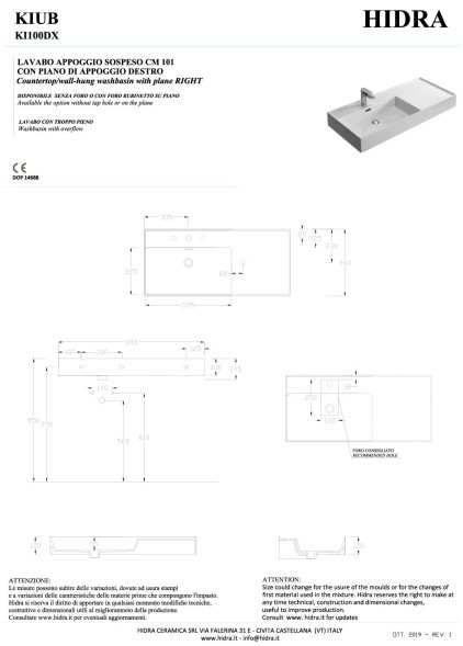 Hidra Kiub, накладная/подвесная прямоугольная раковина 101x46x12h см, чаша слева, цвет белый матовый