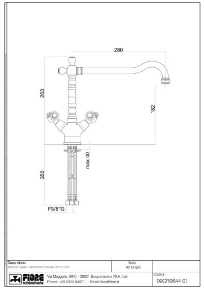 Fiore Gioielli Sky, двухрычажный смеситель для кухни (поворотный излив 28 см), без донного клапана, цвет хром - Swarovski