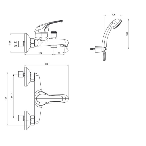 Paini 02CR105 Смеситель для ванны Рома с душ. к-том, хром