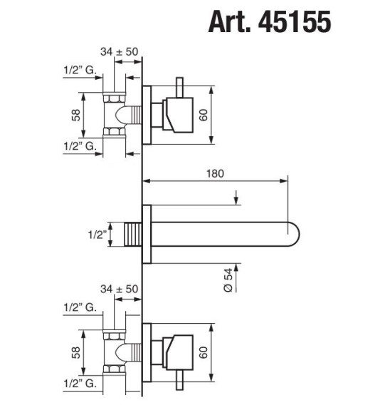 Emmevi Piper, встраиваемый в стену двухрычажный смеситель для раковины, без донного клапана, цвет че 45155/NEO