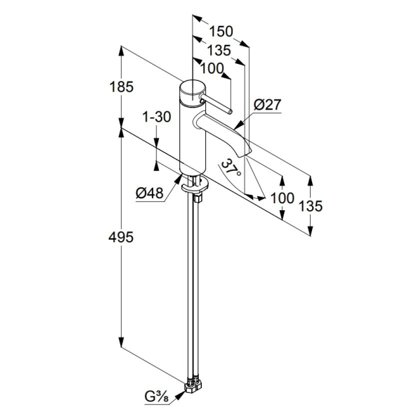 Смеситель KLUDI BOZZ 38282N576 для раковины на одно отверстие однорычажный без донного клапана