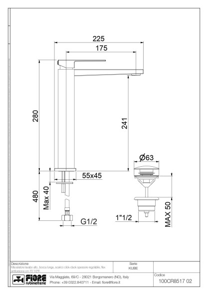 Fiore Kube, высокий однорычажный смеситель для раковины (излив 17,5 см), с донным клапаном click-clack, цвет хром