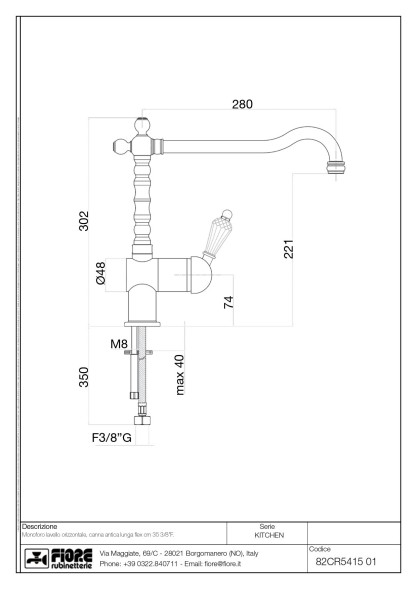 Fiore Imperiale Sky, однорычажный смеситель для кухни (излив 28 см), без донного клапана, цвет бронза - Swarovski