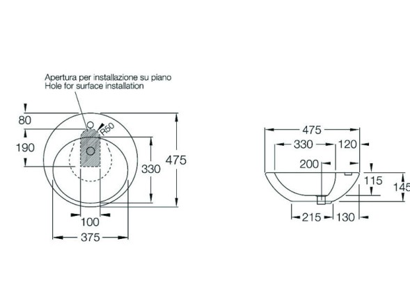 Раковина HATRIA HAPPY HOUR Y0M601 накладная с одним отверстием с переливом цвет белый