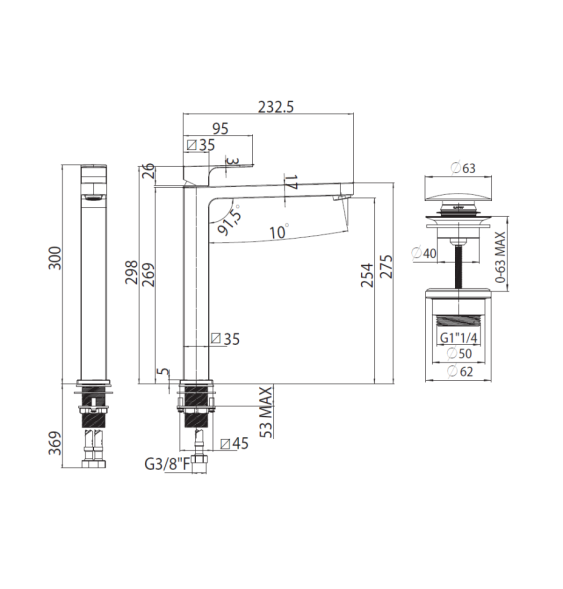 Смеситель для раковины Bossini GILLO Z00706.073 высокий с донным клапаном цвет черный матовый